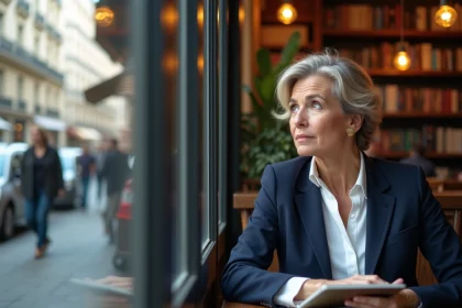 Femme élégante dans un café parisien contemplant par la fenêtre
