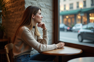 Femme pensive assise dans un café lumineux