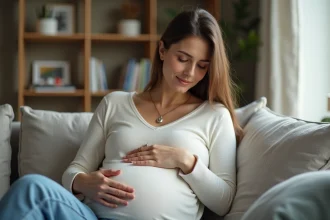 Femme enceinte tenant une bola de grossesse en argent dans un salon lumineux