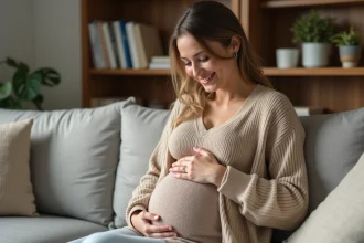 Femme enceinte souriante avec bola en argent dans un salon chaleureux