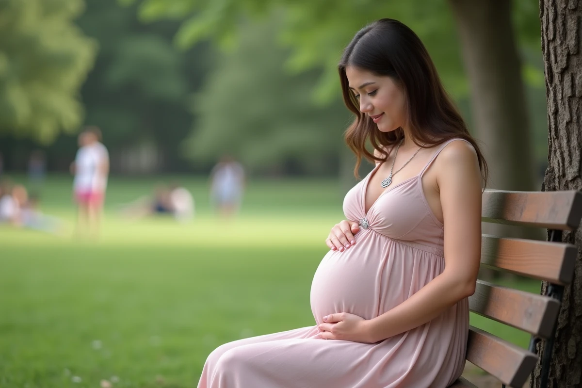 Femme enceinte assise dans un parc verdoyant