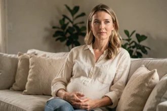 Femme enceinte en fin de trentaine assise dans un salon chaleureux, illustrant une révélation de grossesse médiatique