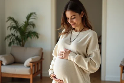 Femme enceinte dans un salon lumineux et cosy