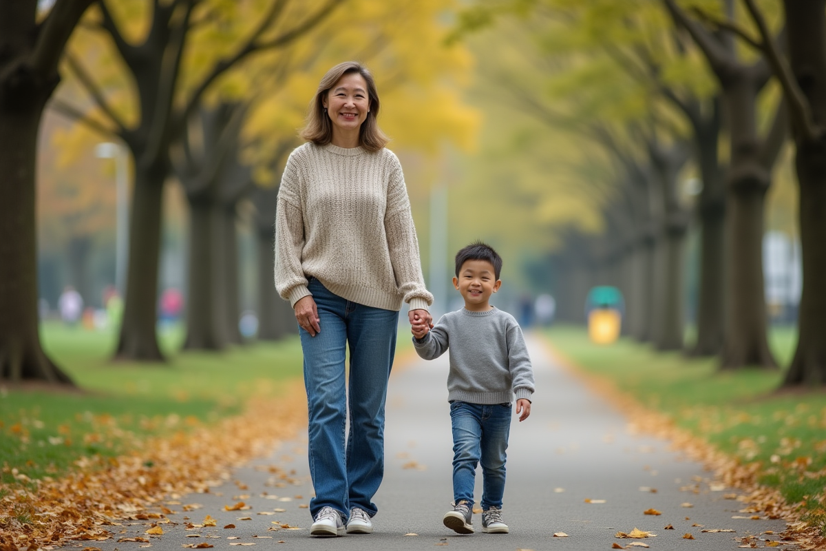 Femme et enfant dans un parc en promenade ensoleillee