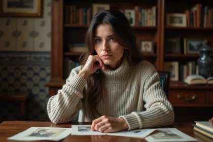 Femme pensive examinant documents familiaux anciens