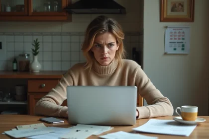 Femme inquiète consultant des documents administratifs de la CAF sur son ordinateur portable à la maison