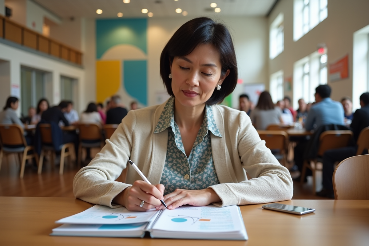 Femme lisant des dépliants lors d