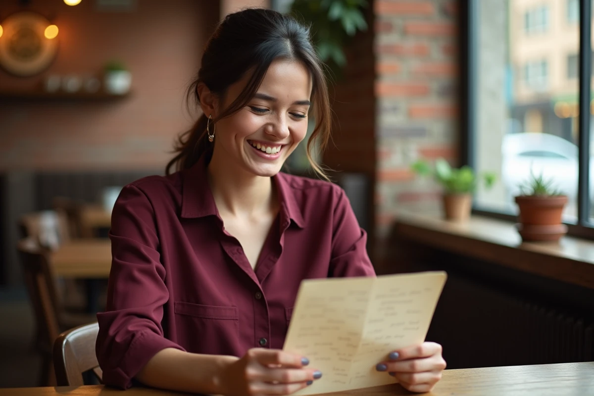 Femme lisant une lettre touchante de sa meilleure amie avec des larmes de joie dans un café chaleureux