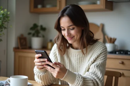Femme en sweater lisant son smartphone dans la cuisine
