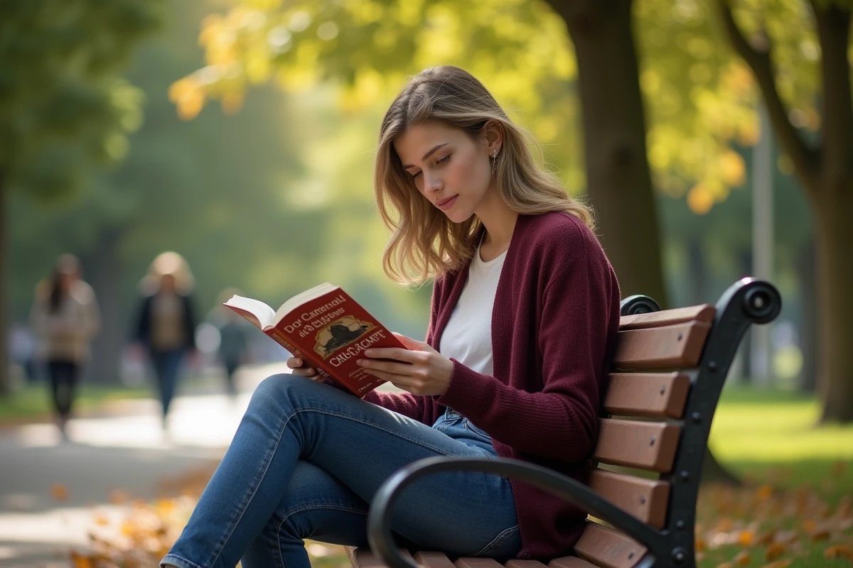 Femme lisant dans un parc ensoleille