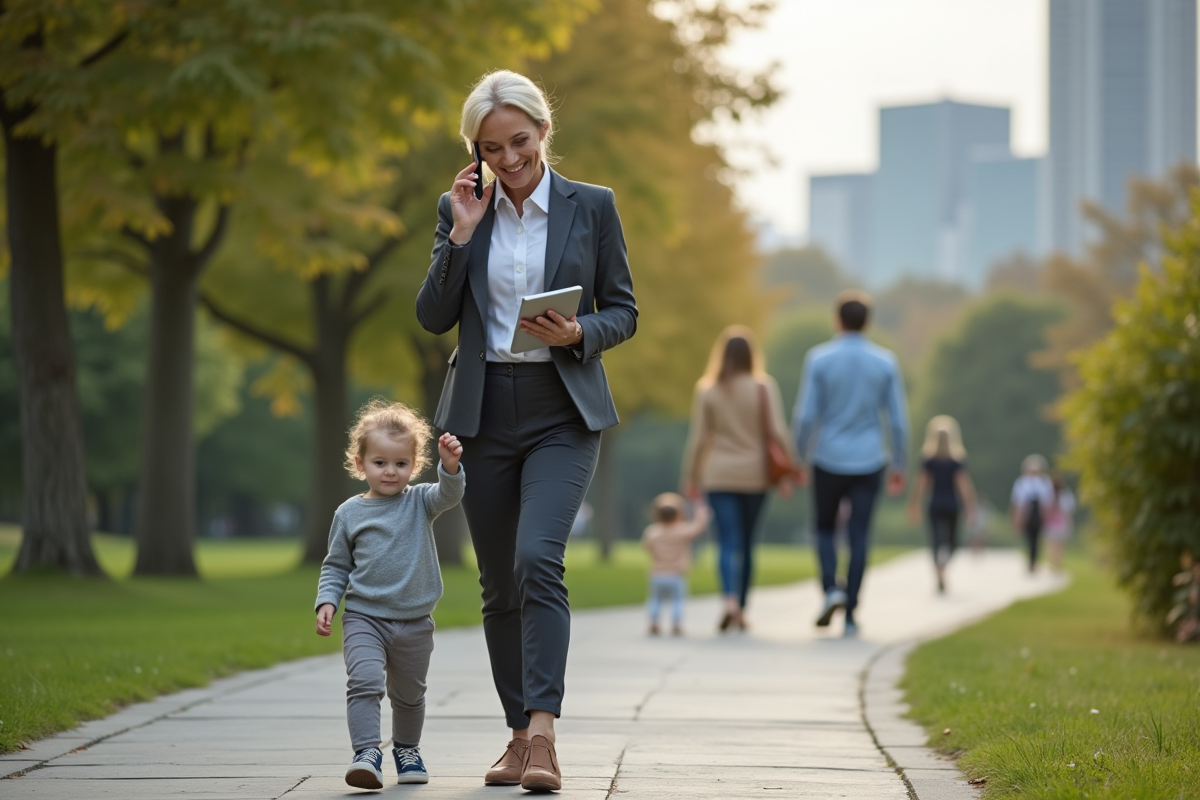 Femme marchant dans un parc avec son enfant en main