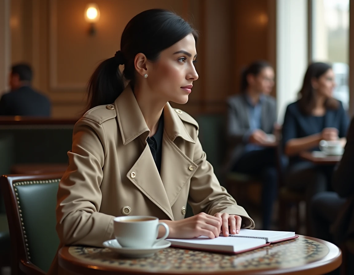 Femme brune pensive attabl&eacute;e dans un caf&eacute; parisien, illustrant la discr&eacute;tion et le retrait volontaire de la vie m&eacute;diatique