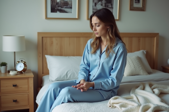 Femme en pyjama bleu vérifiant une horloge dans la chambre