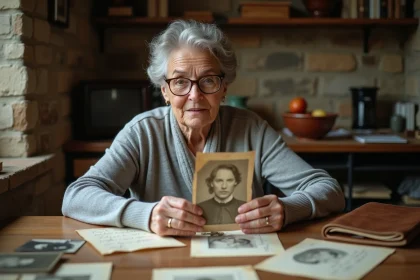 Femme d'une cinquantaine d'années consultant de vieilles photographies de famille et des lettres manuscrites sur une table en bois, explorant ses origines généalogiques