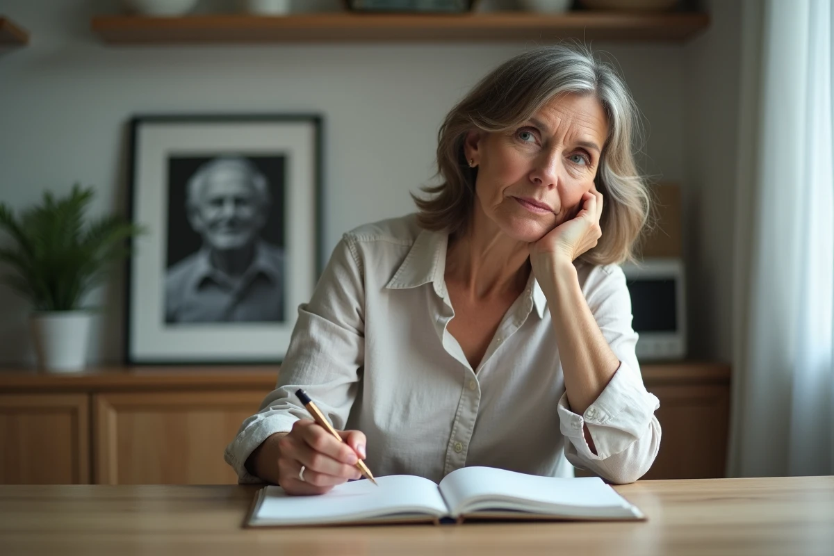 Femme rédigeant un texte d'adieu pour son grand-père décédé dans un cadre intimiste