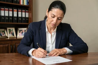 Femme écrivant une lettre formelle à un juge en situation d'urgence familiale, assise à un bureau à domicile