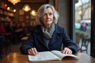 Femme méditative dans un café parisien contemplant un journal