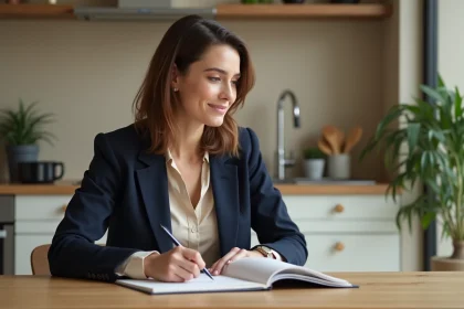 Femme en r&eacute;flexion dans une cuisine moderne