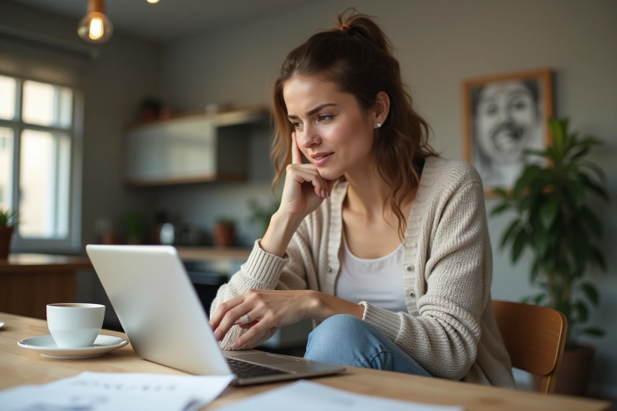 Femme pensante étudiant une tablette dans la cuisine