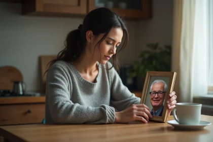 Femme tenant une photo encadrée de son père décédé à la table de cuisine, regard mélancolique et tendre
