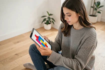 Jeune femme jouant à un jeu de tangram numérique sur tablette, assise sur un parquet en bois dans un salon moderne