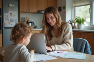 Femme travaillant à la maison avec son enfant à côté