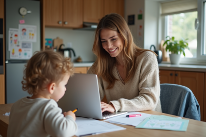 Femme travaillant à la maison avec son enfant à côté