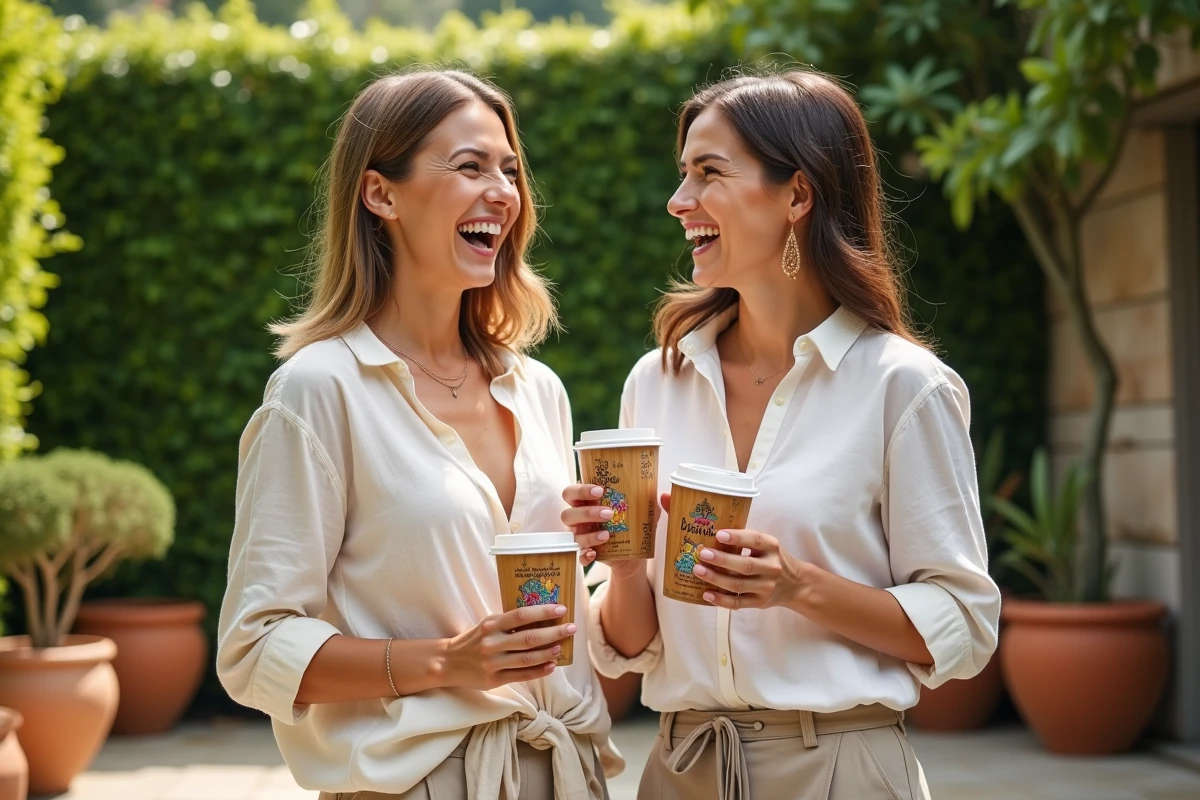 Deux femmes riant lors d'une fête d'anniversaire en plein air tenant des gobelets réutilisables en bambou personnalisés avec prénoms et motifs colorés