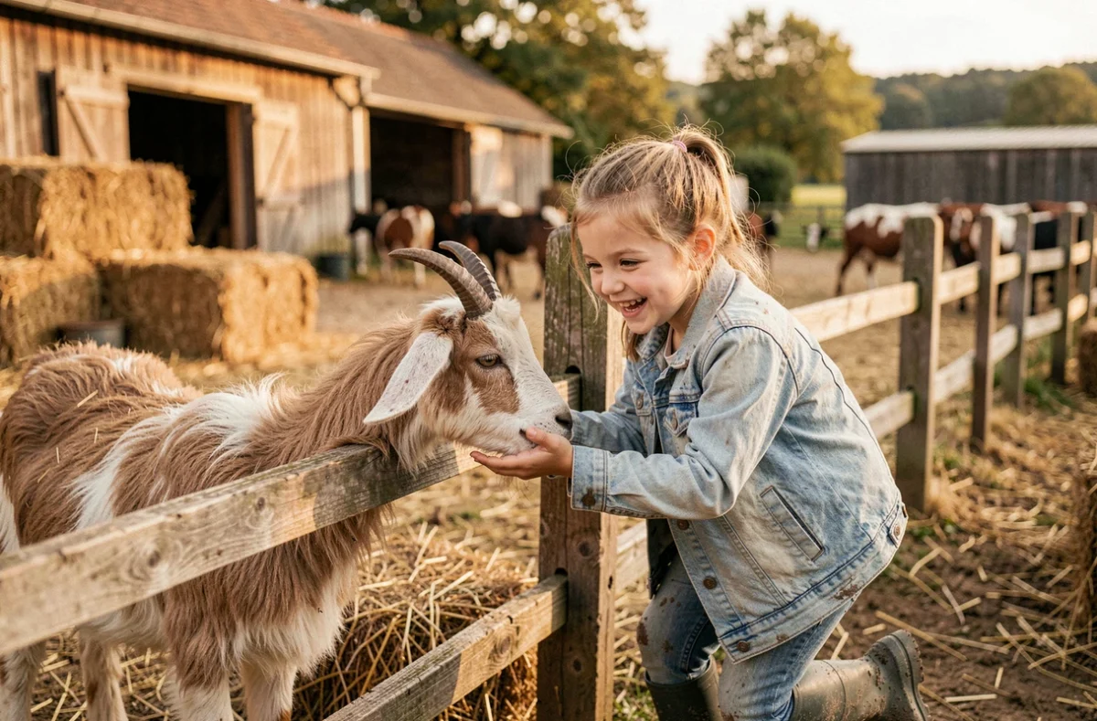 Petite fille nourrissant une chèvre à la Ferme de la Marinette, parc animalier pédagogique dans le Puy-de-Dôme