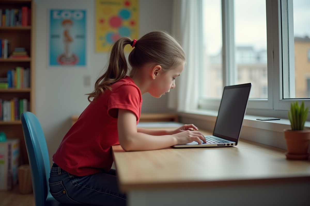 Fille de 7 ans en T-shirt rouge utilisant un ordinateur portable