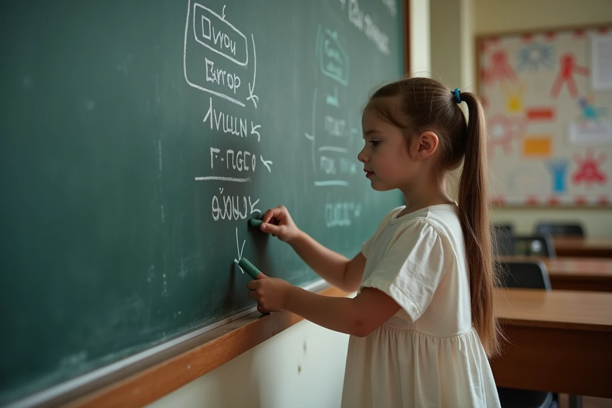 Fille de primaire écrit son nom et noms grecs sur le tableau