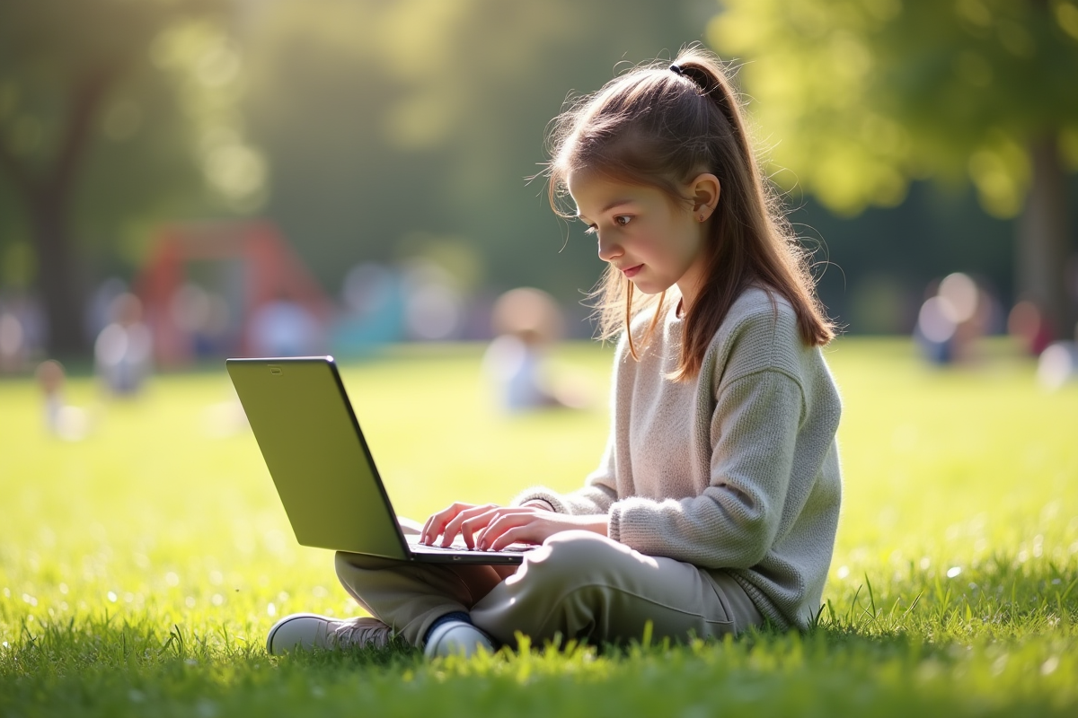 Fille assise dans un parc en train de taper sur son ordinateur