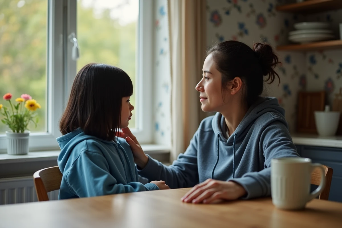Fille de 10 ans avec sa mère à la cuisine