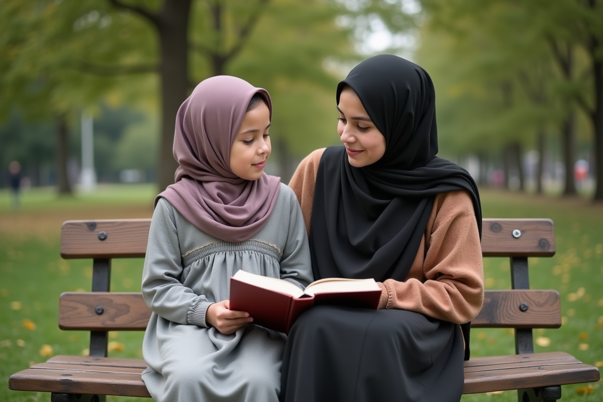 Fille orpheline et femme musulmane lisant dans un parc