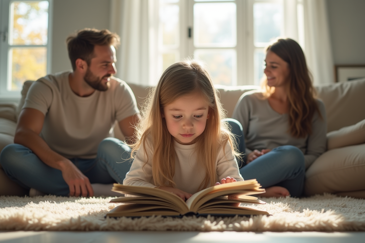 Fille curieuse lisant un livre de sciences en famille à la maison