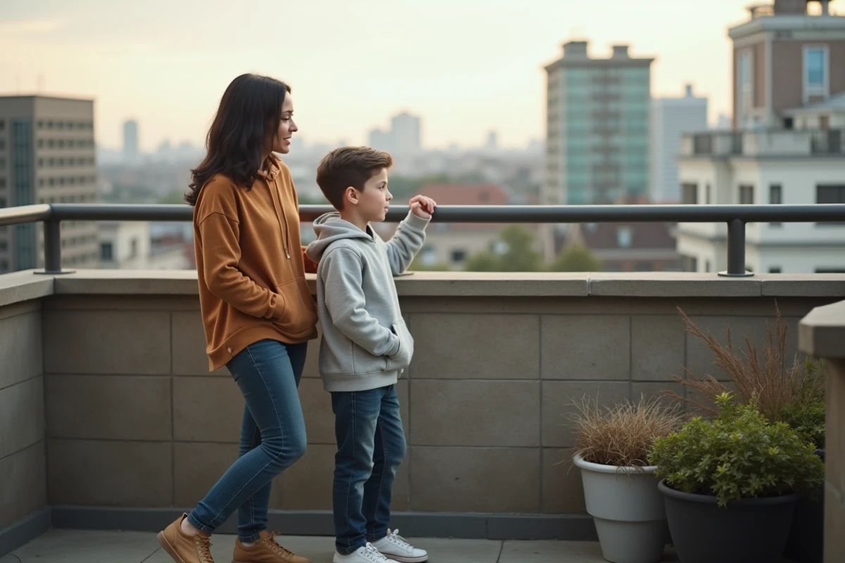 Fille et mère sur un balcon avec vue sur la ville