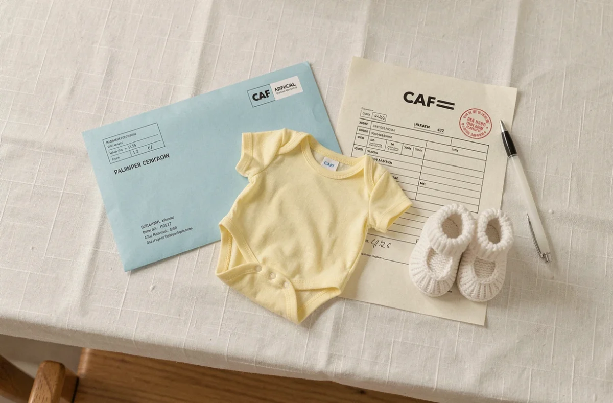 Vue de dessus d'un ensemble de documents CAF, enveloppe officielle et accessoires de naissance sur un tissu lin blanc, représentant les démarches pour le coffret gratuit et la prime naissance