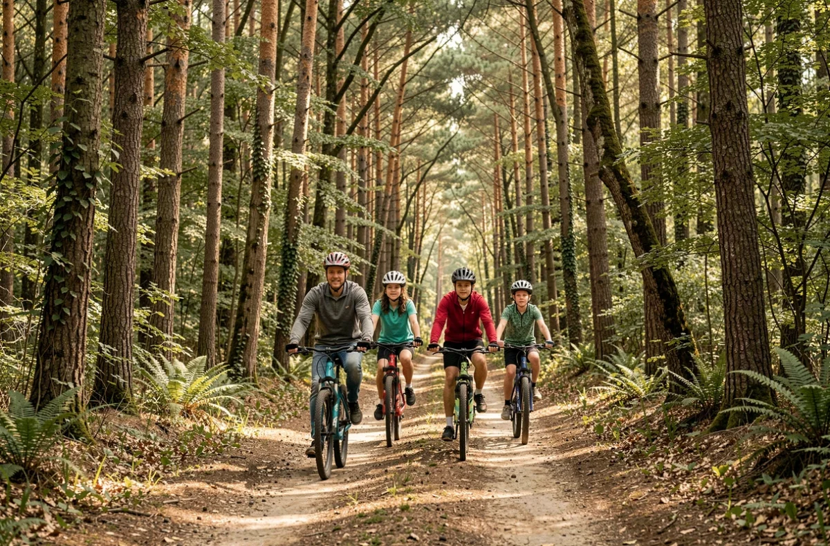 Famille à vélo sur un chemin forestier à la Forêt de Loisirs de Charade dans le Puy-de-Dôme