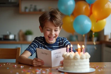 Garçon de 8 ans aux yeux brillants lisant sa carte d'anniversaire avec un grand sourire, entouré de ballons et d'un gâteau d'anniversaire sur une table en bois