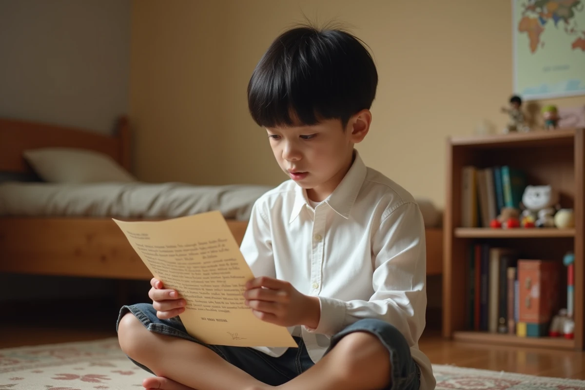 Garçon de 8 ans assis sur le plancher de sa chambre lisant une lettre d'anniversaire personnalisée avec une expression d'émerveillement et de tendresse