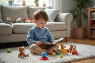 Garçon de deux ans lisant un livre dans un salon chaleureux