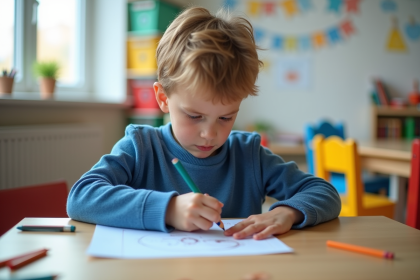 Jeune garçon dessine timidement à la table en classe