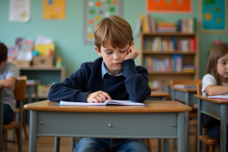 Garçon de 8 ans pensif en classe avec cahier