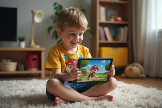Garçon français souriant regardant une tablette avec un personnage de chien