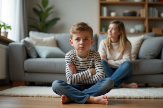 Garçon frustré assis sur le sol avec sa mère dans le salon