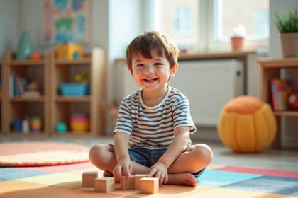 Garçon de 6 ans jouant avec des blocs en bois dans une crèche accueillante