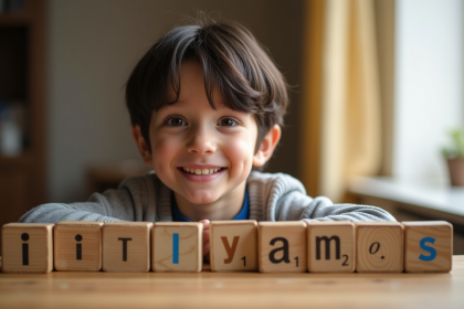 Jeune garçon souriant avec blocs de lettres pour noms I