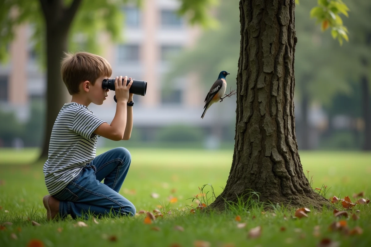 Garçon de 8 ans observant un oiseau dans un parc urbain