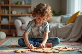 Garçon de 7 ans jouant avec un puzzle dans le salon