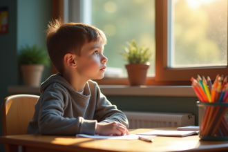 Jeune garçon pensif assis en classe regardant par la fenêtre